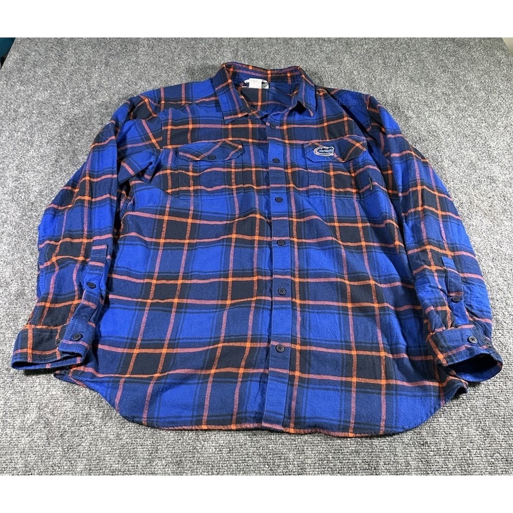 Columbia Mens XL Blue Orange Plaid Flannel Shirt FLORIDA GATORS Button Up
